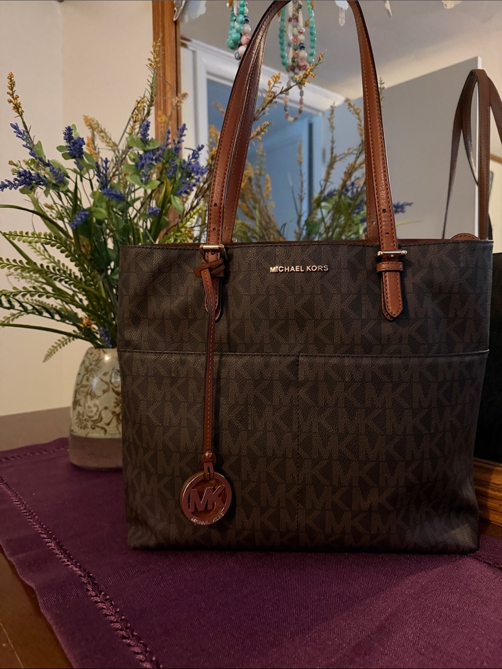 Michael Kors Dark Brown MK Monogram Tote with Leather Trim . NEW NEVER USED